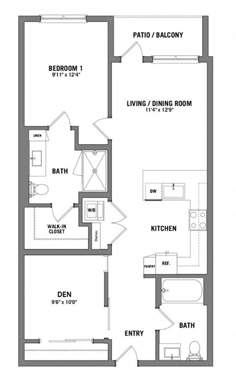 Floor plan for 2 beds, 2 baths, 877 sqft